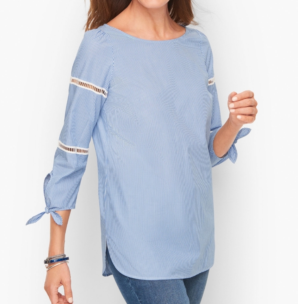 Talbots Blue White Tie Detail Poplin Top Gentle Stripe Blouse Size Large